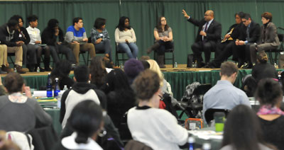 Students engage with a panel of local leaders during Community Forum 3.0.