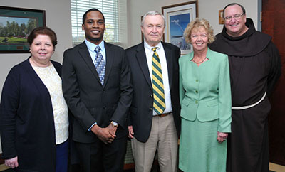 Photo (Left to Right) HEOP Director Carol Sandoval, Layvon Washington '14, Doug Lonnstrom '66., Ph.D., Cris Lonnstrom and Siena College President Fr. Kevin Mullen '75, O.F.M., Ph.D. celebrate the creation of the HEOP Excellence Award